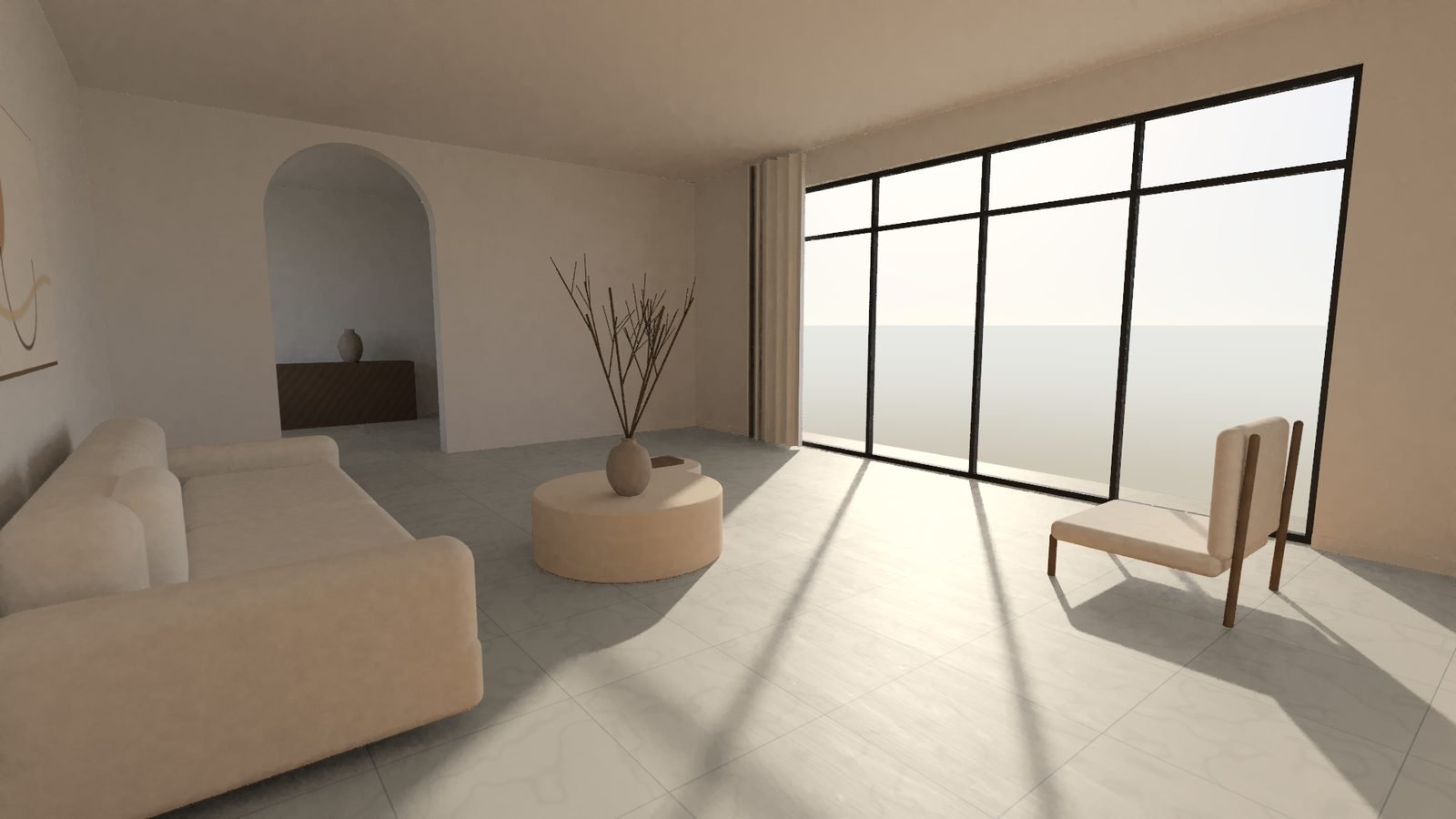 Avant : salon au carrelage beige